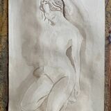 Signed watercolour monochrome painting "Hammam" of a female portrait.