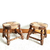 Pair of wood and straw fireplace stools 1950