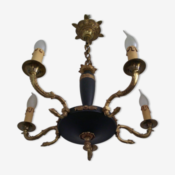 Antique french bronze & black 5 light empire chandelier with swan arms 4025