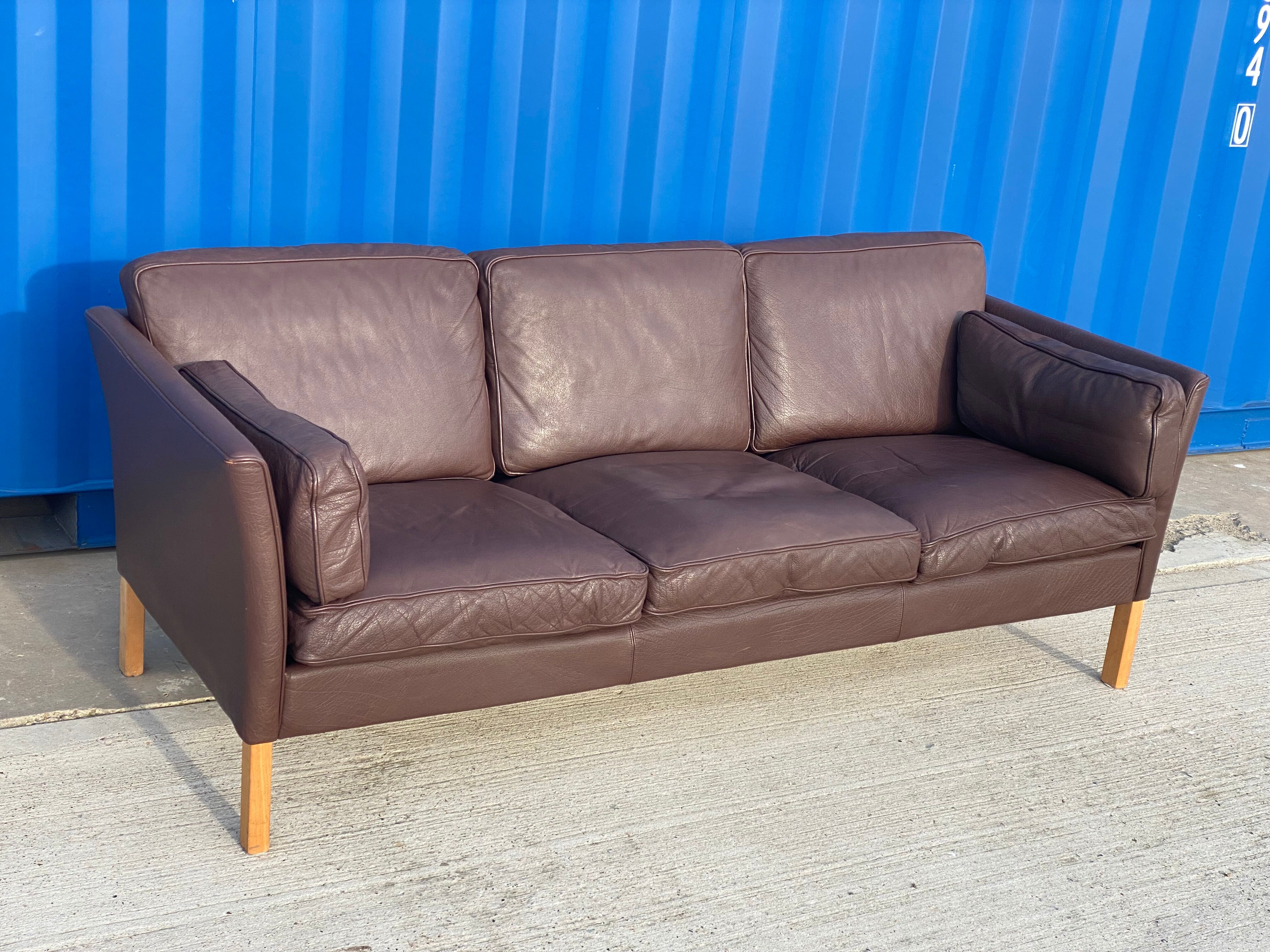Danish brown leather three seater sofa