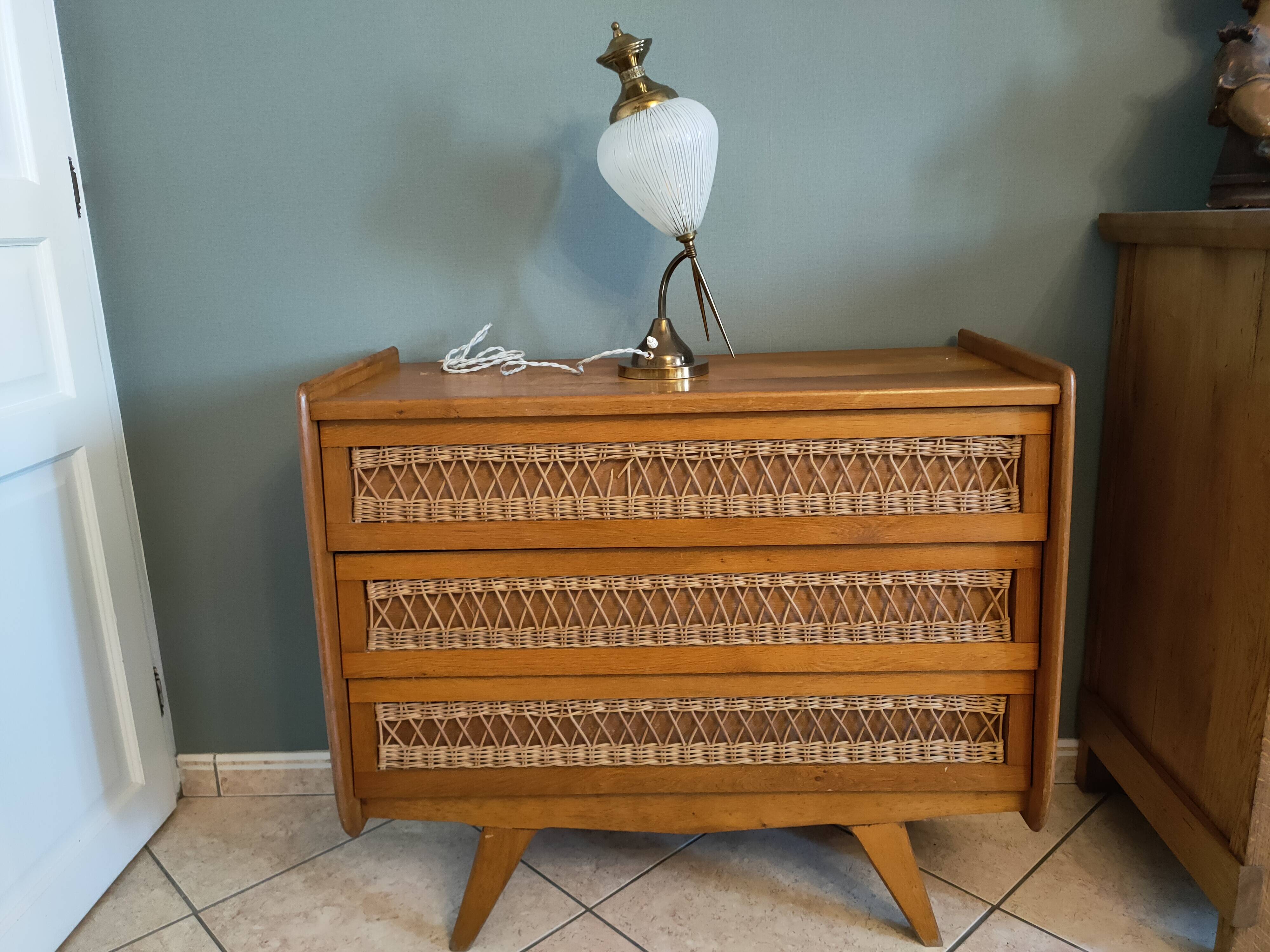 Vintage rattan and oak chest of drawers from the 1960s