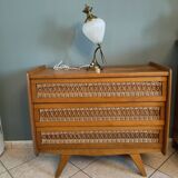 Vintage rattan and oak chest of drawers from the 1960s