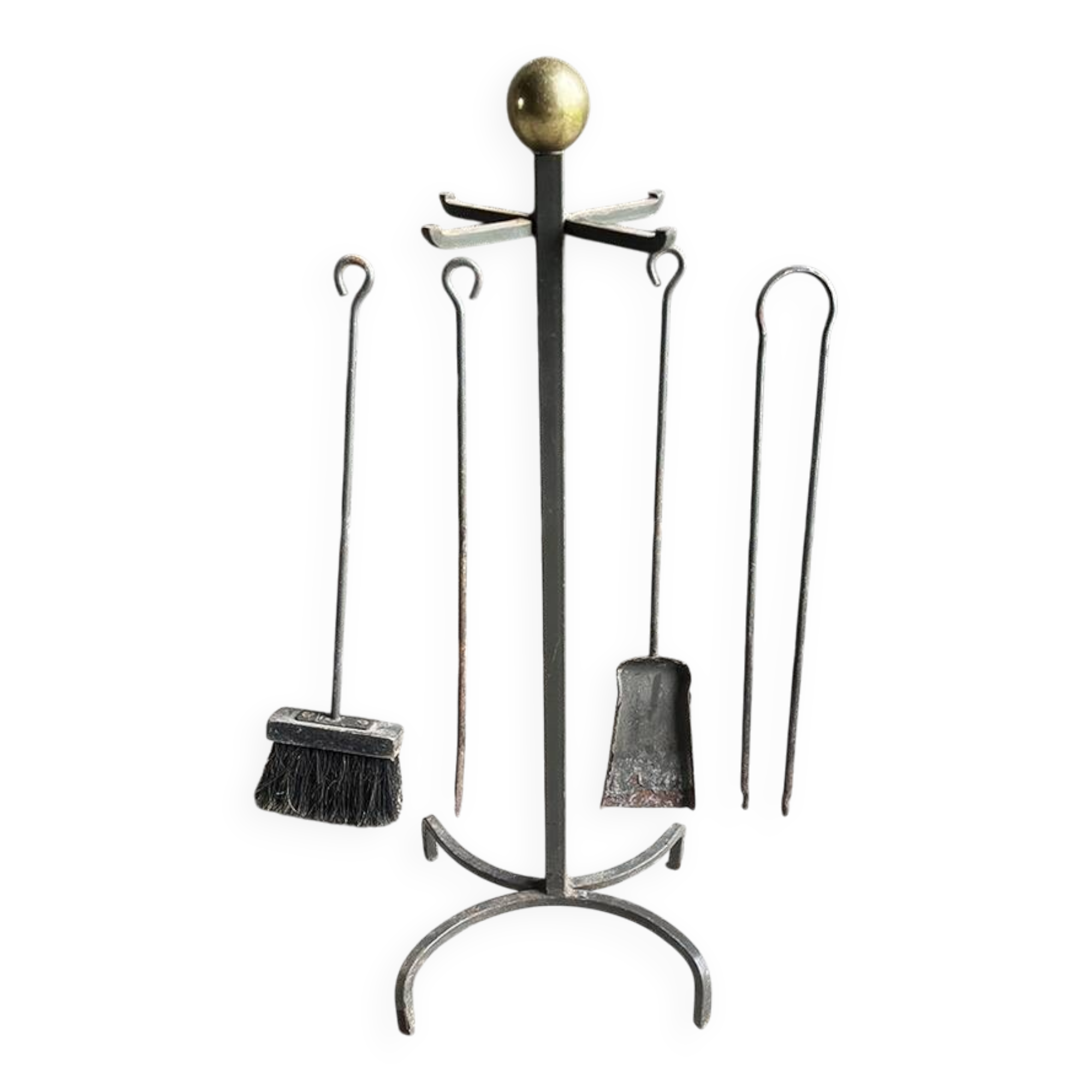 Ancien serviteur de cheminée en fer forgé et laiton