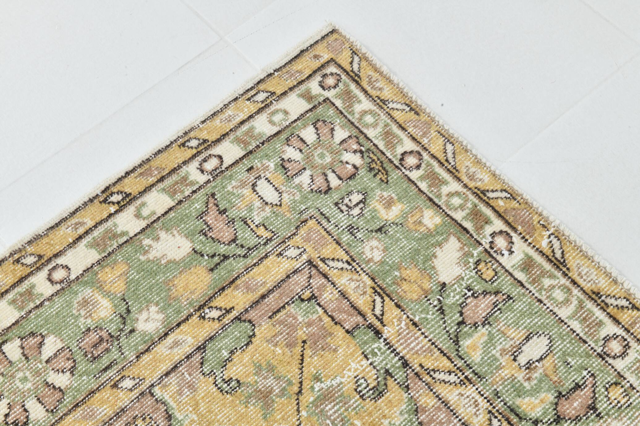 6x10 Beige & Green Geometric Pattern Anatolian Vintage Rug, 185x296 Cm