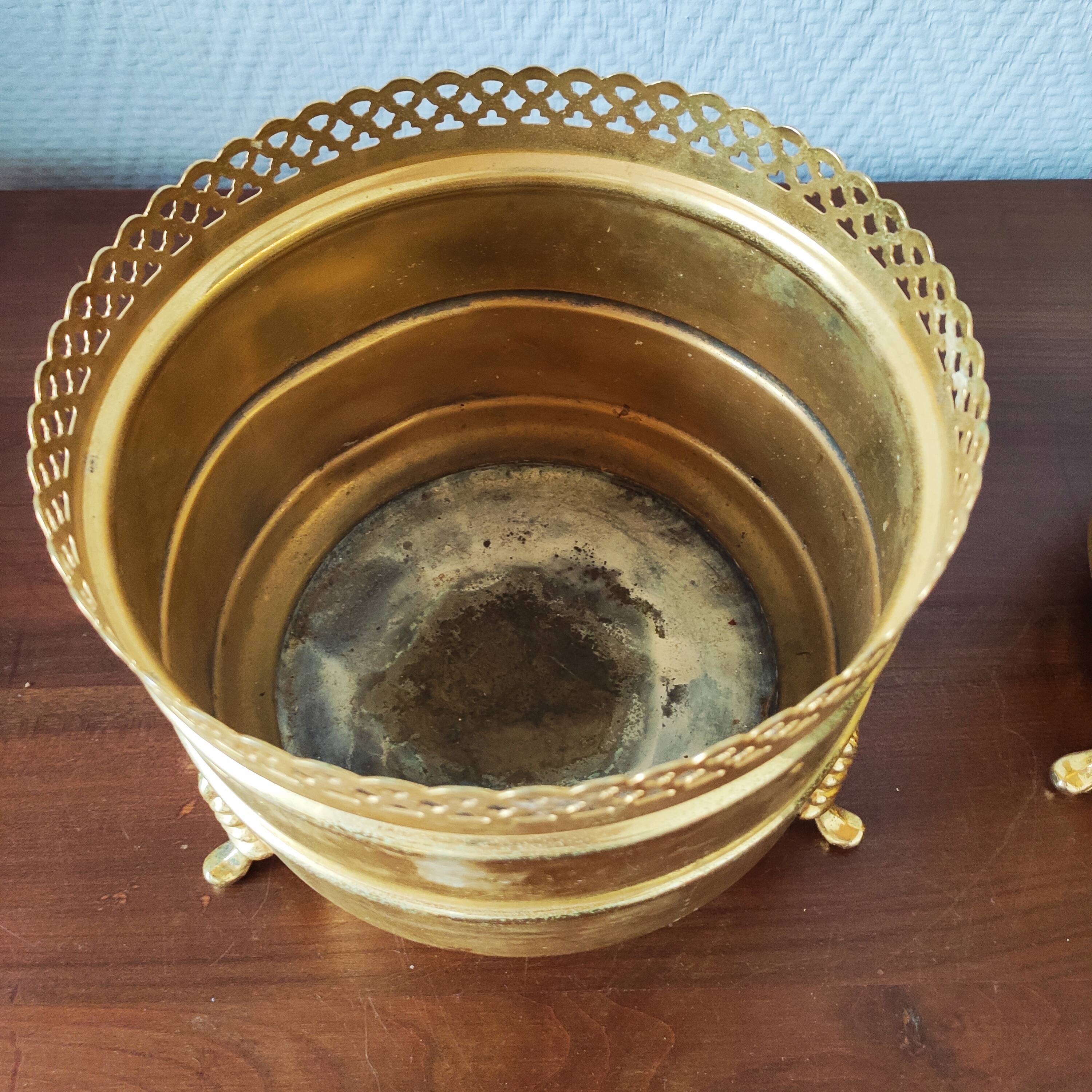 Pair of vintage brass planters with openwork gallery cache-pot.