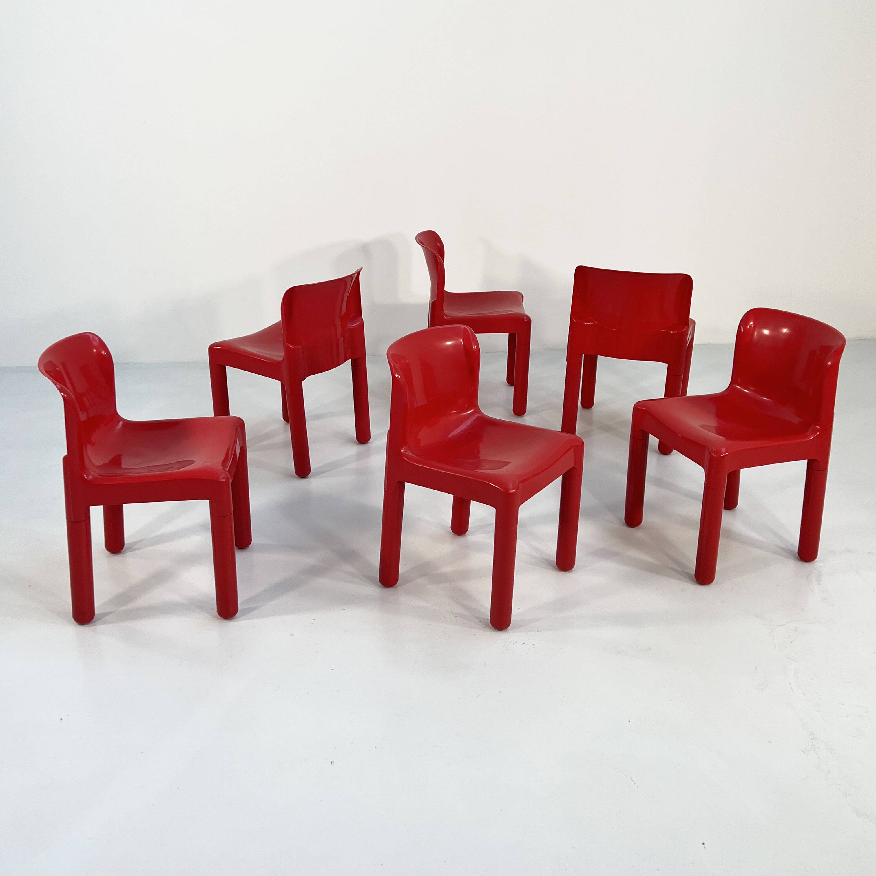 Set of 6 red chairs model 4875 by Carlo Bartoli for Kartell, 1970