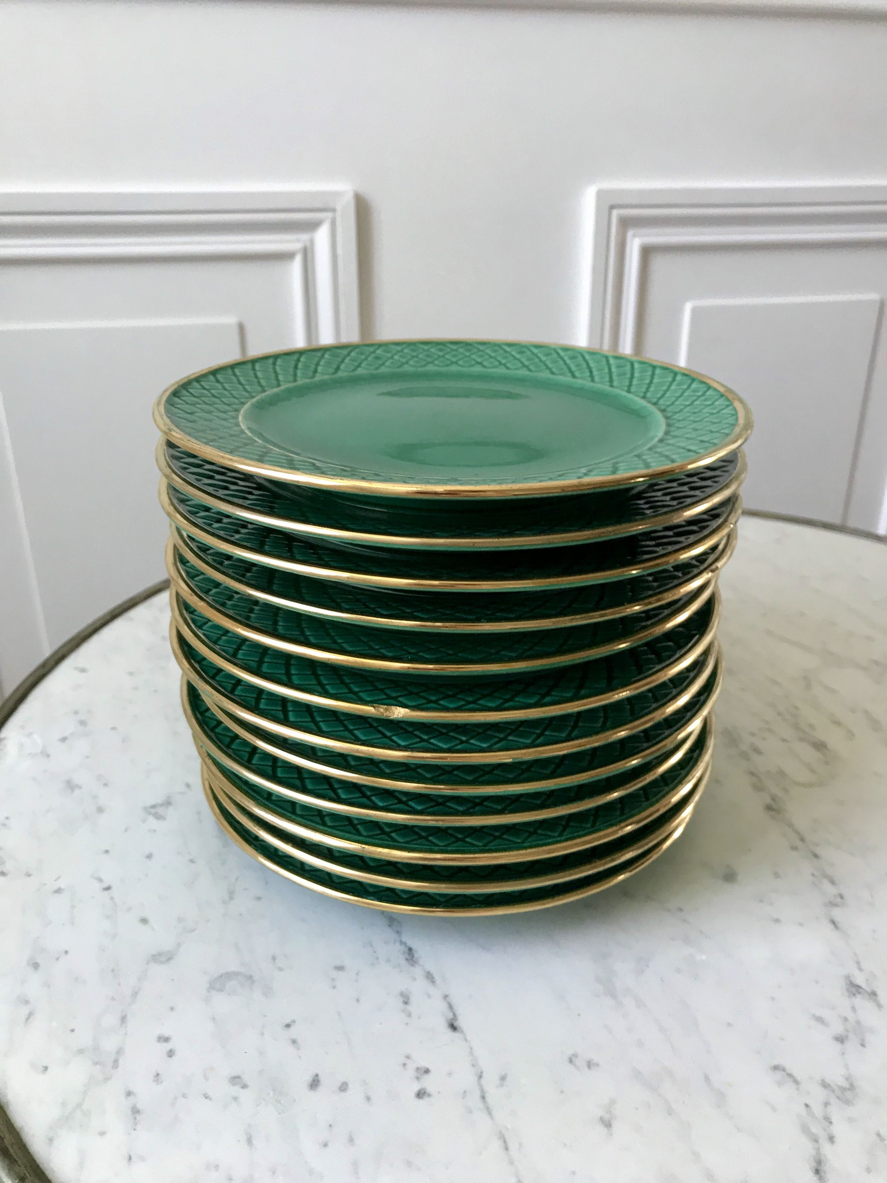 dessert service 12 dessert plates and a green and golden Art Deco cake dish 40s