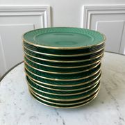 dessert service 12 dessert plates and a green and golden Art Deco cake dish 40s