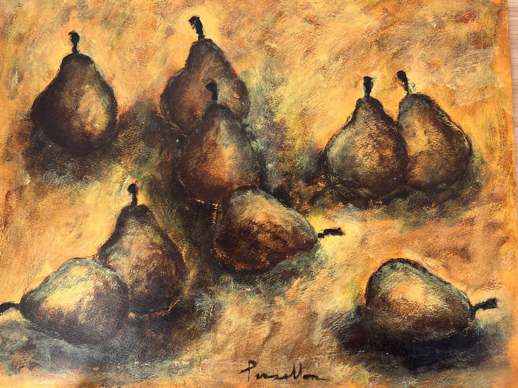 Still life with pears, watercolour on paper signed Françoise Persillon.
