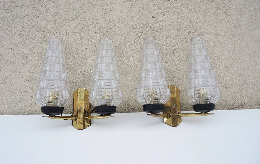 2 old double glass & brass sconces 50s/60s