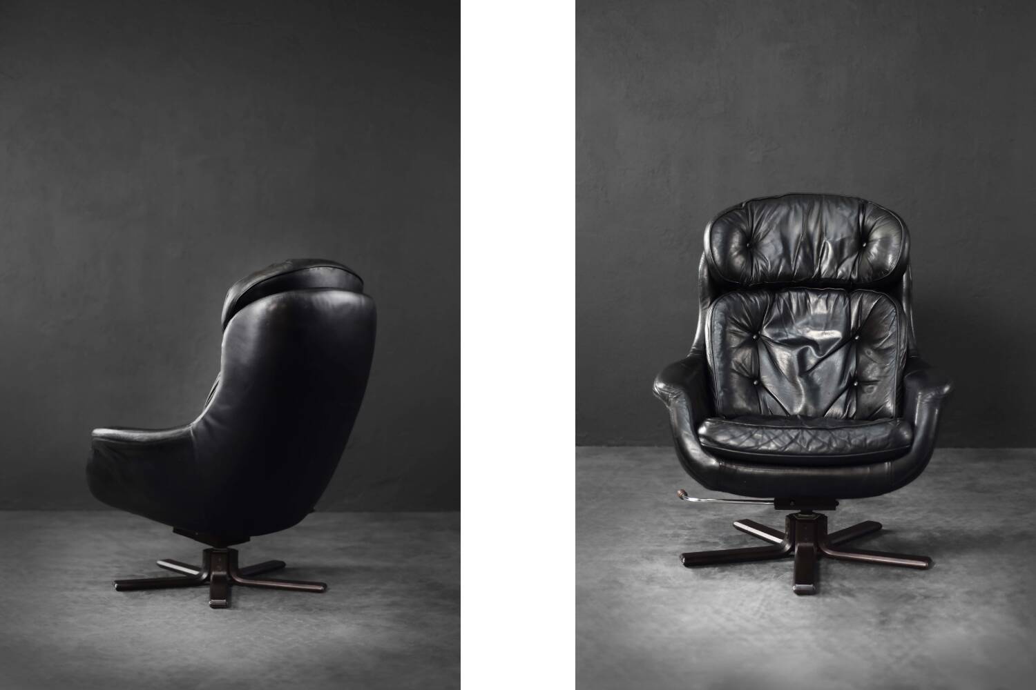 Vintage black leather swivel chair in mid-century modern Scandinavian style.