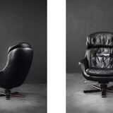 Vintage black leather swivel chair in mid-century modern Scandinavian style.