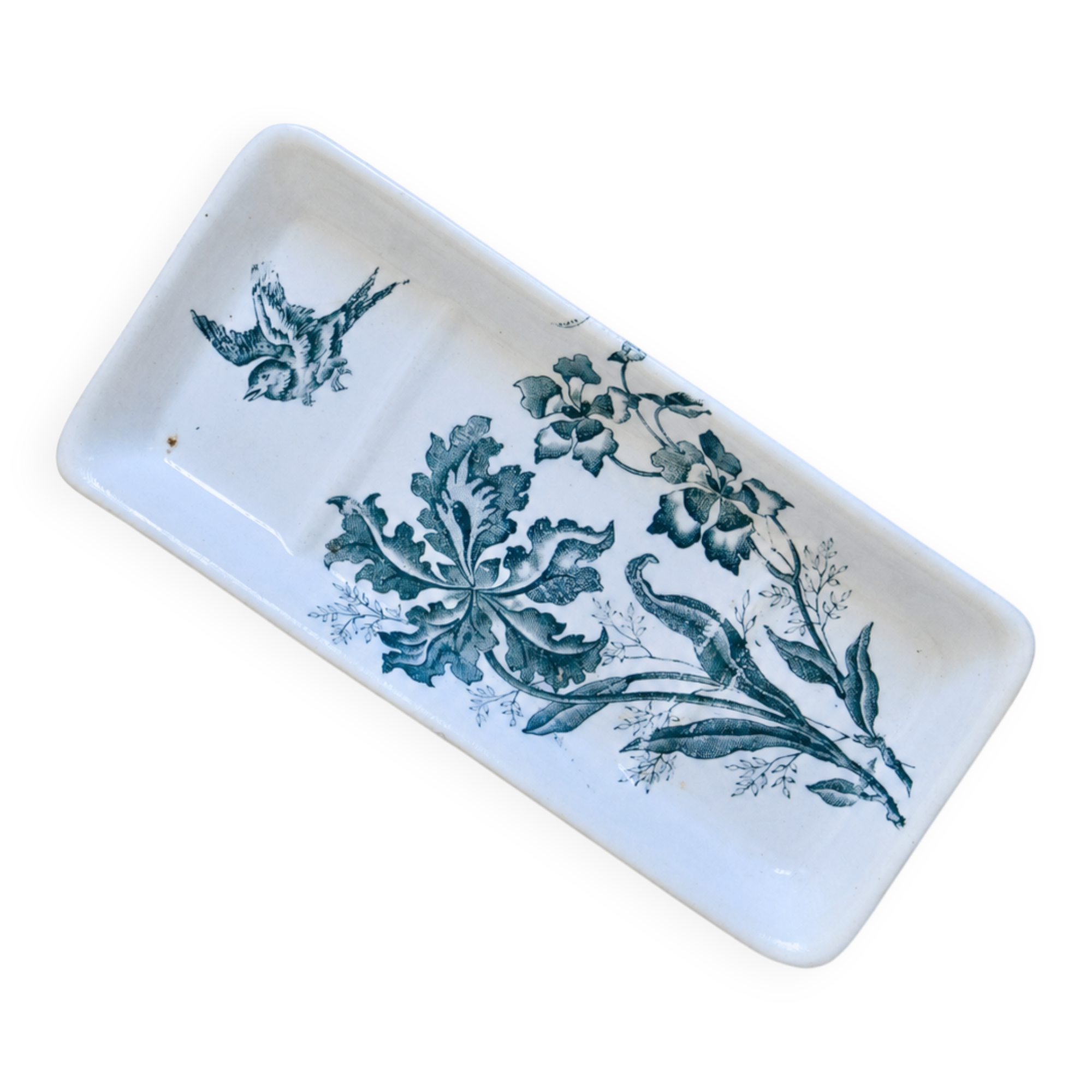 Ravier soap dish 19th century ironstone signed Moulin des Loups "Orchids"