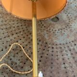 Table lamp, bedside lamp in golden brass, column feet, beige lampshade with trimmings, vintage