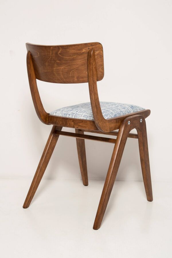 Chaise Boomerang blanche et bleue en lin, bois foncé, Pologne, années 1960