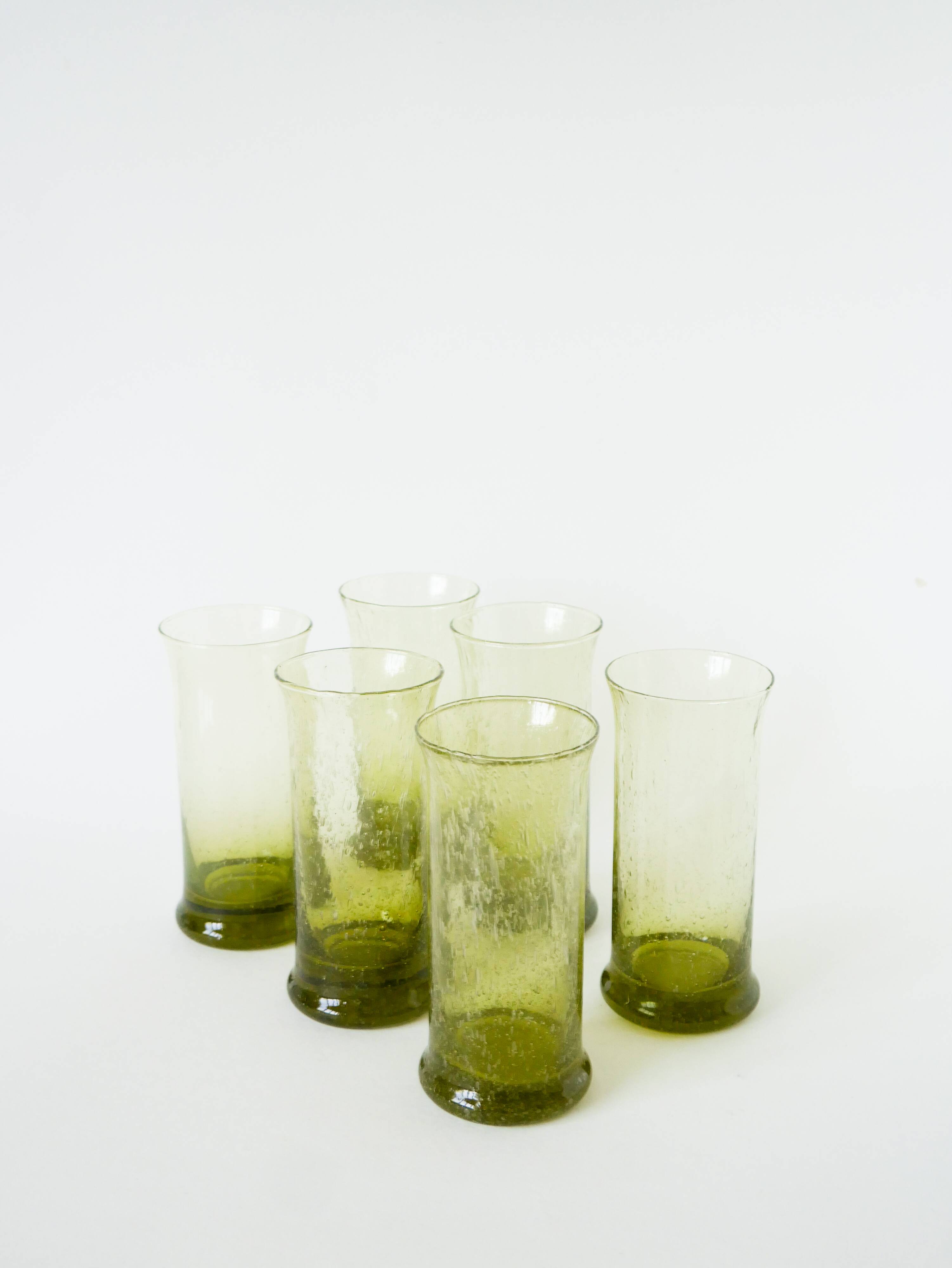 Set of 6 bubble glass long drink glasses from Biot, Green, 1960.