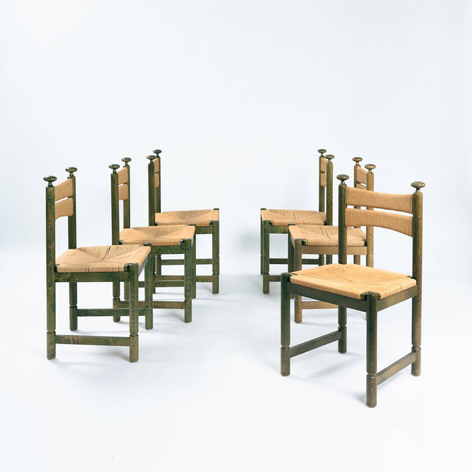 Odessa dining chairs set of 6, stained birchwood, Danish cord, 1970s