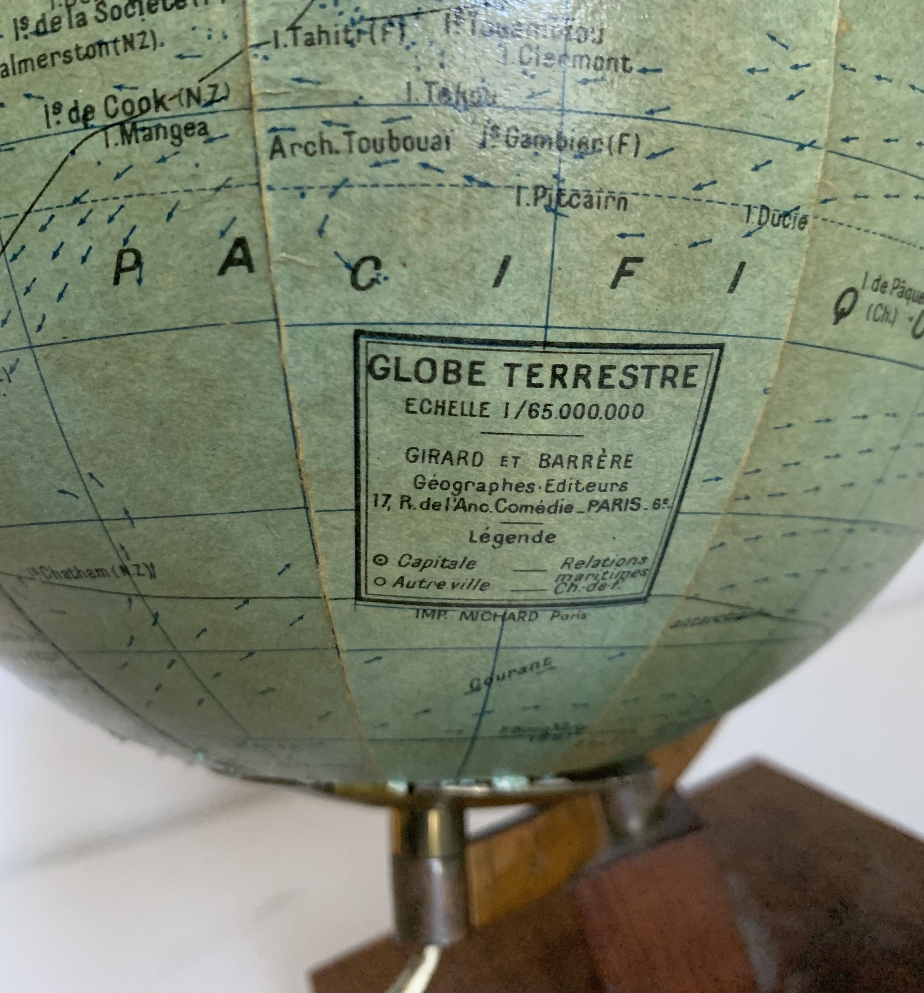 Vintage globe 1960 terrestrial Girard Barrère glass wood - 29 cm