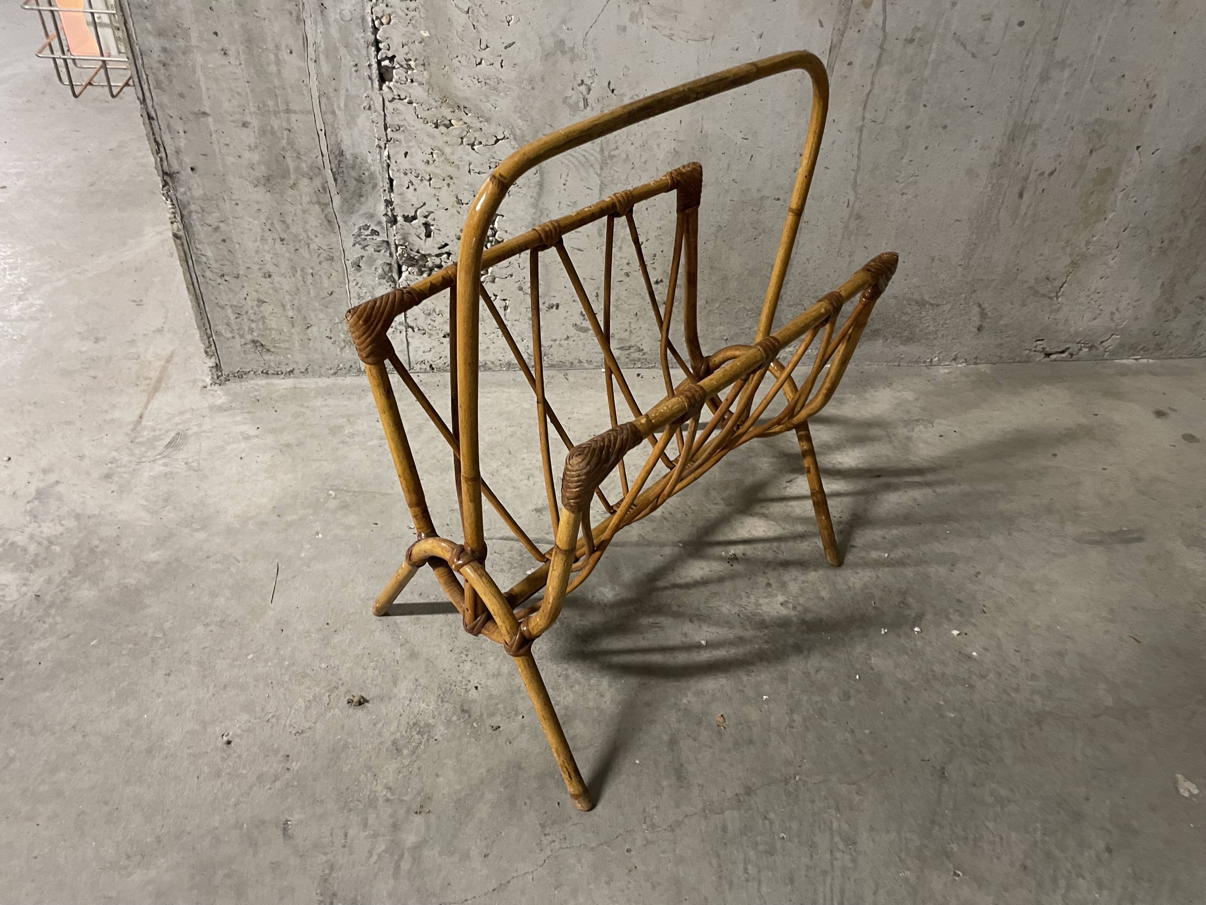 60s rattan magazine rack