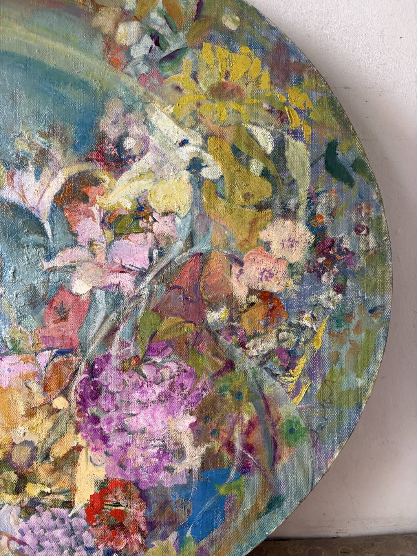 Huile sur toile ovale « Fleurs »