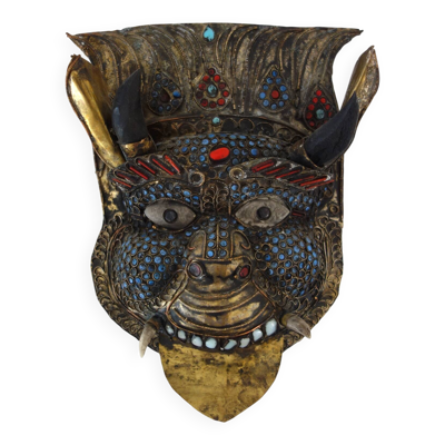 Masque rituel vintage en laiton repoussé Népal/Tibet
