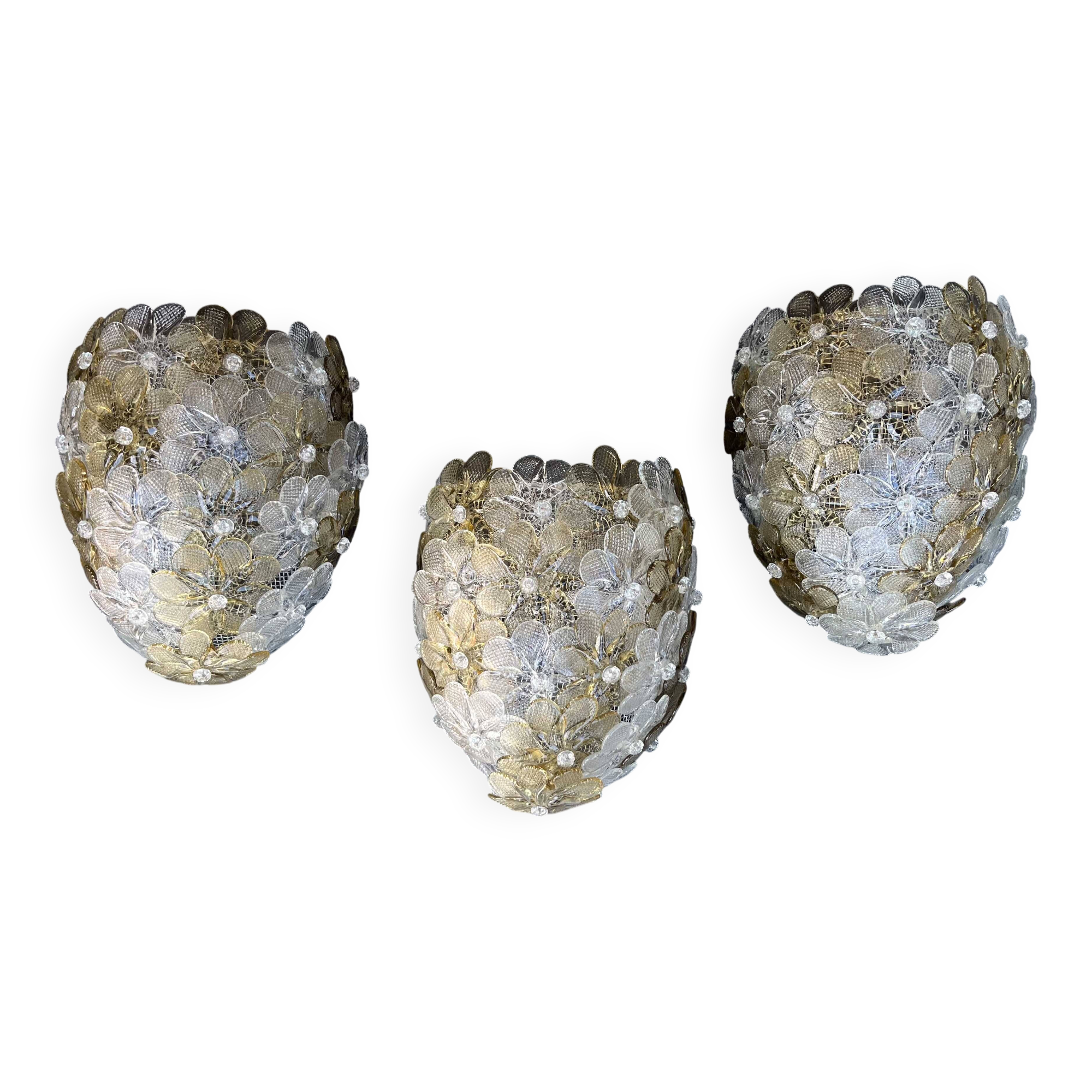 Set of 3 Murano Wall Light Flower by Seguso for Venini, Italy, 1960s