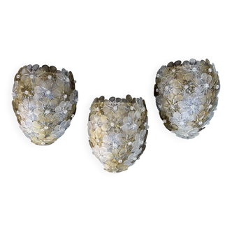 Lot de 3 appliques murales en verre de Murano, motif fleur, par Seguso pour Venini, Italie, années 1960