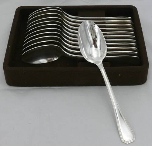 Set of 12 silver-plated metal table spoons Christofle Amérique, Art Deco, 20.5 cm.