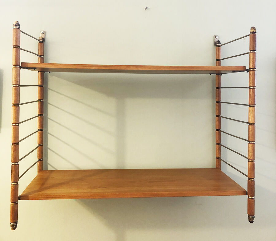 Vintage wall shelf, wood and brass, 1960