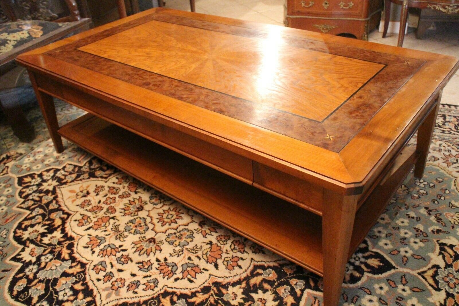 Large coffee table 2 drawers in solid walnut with decoration marked Directory style