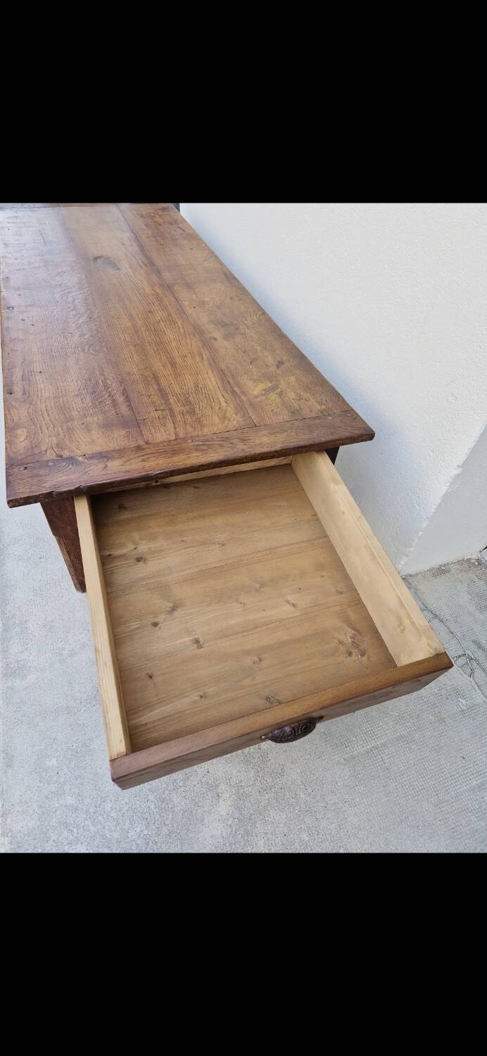 Rustic farmhouse coffee table with two drawers, solid oak, 19th century - 1.97m
