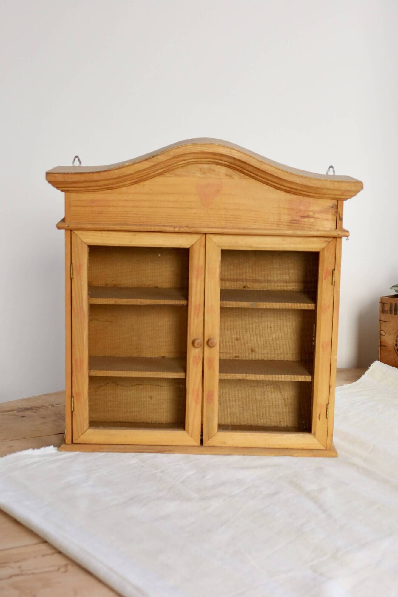 Vintage wooden wall cabinet – 2 mesh doors and shelf