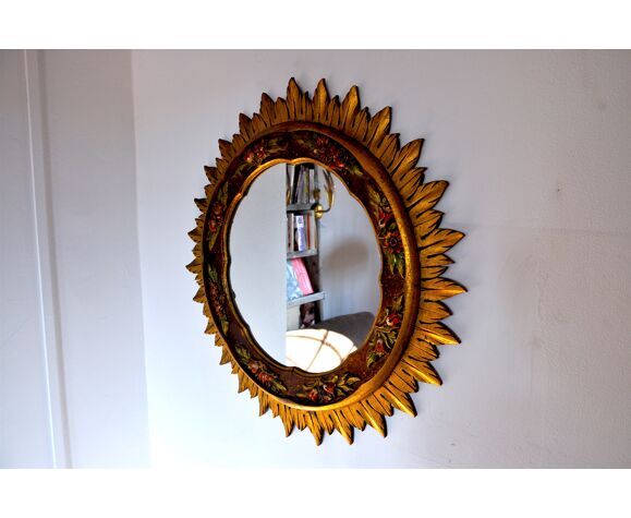 Golden wooden sun mirror, France, 1980, 70cm