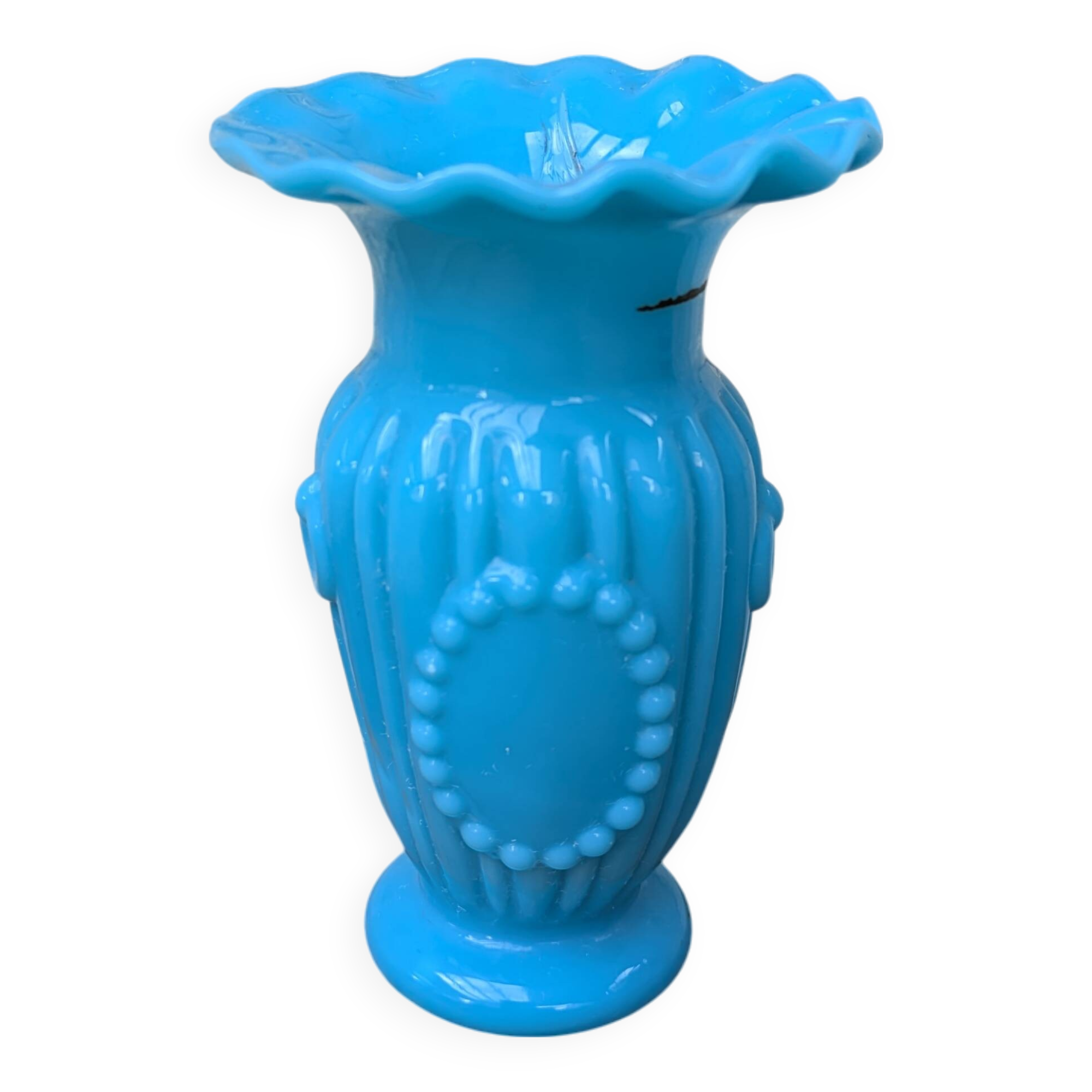 Antique small blue opaline vase with serrated neck and medallion decoration