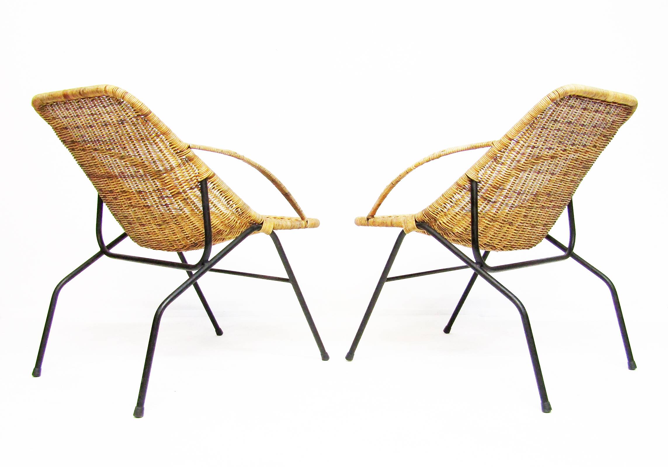Pair Of 1950s French "Gazelle" Chairs In Rattan Wicker & Tubular Steel
