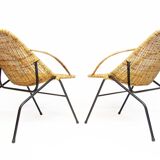 Pair Of 1950s French "Gazelle" Chairs In Rattan Wicker & Tubular Steel