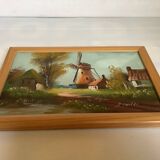 Small village painting with a mill, oil on canvas, signed.