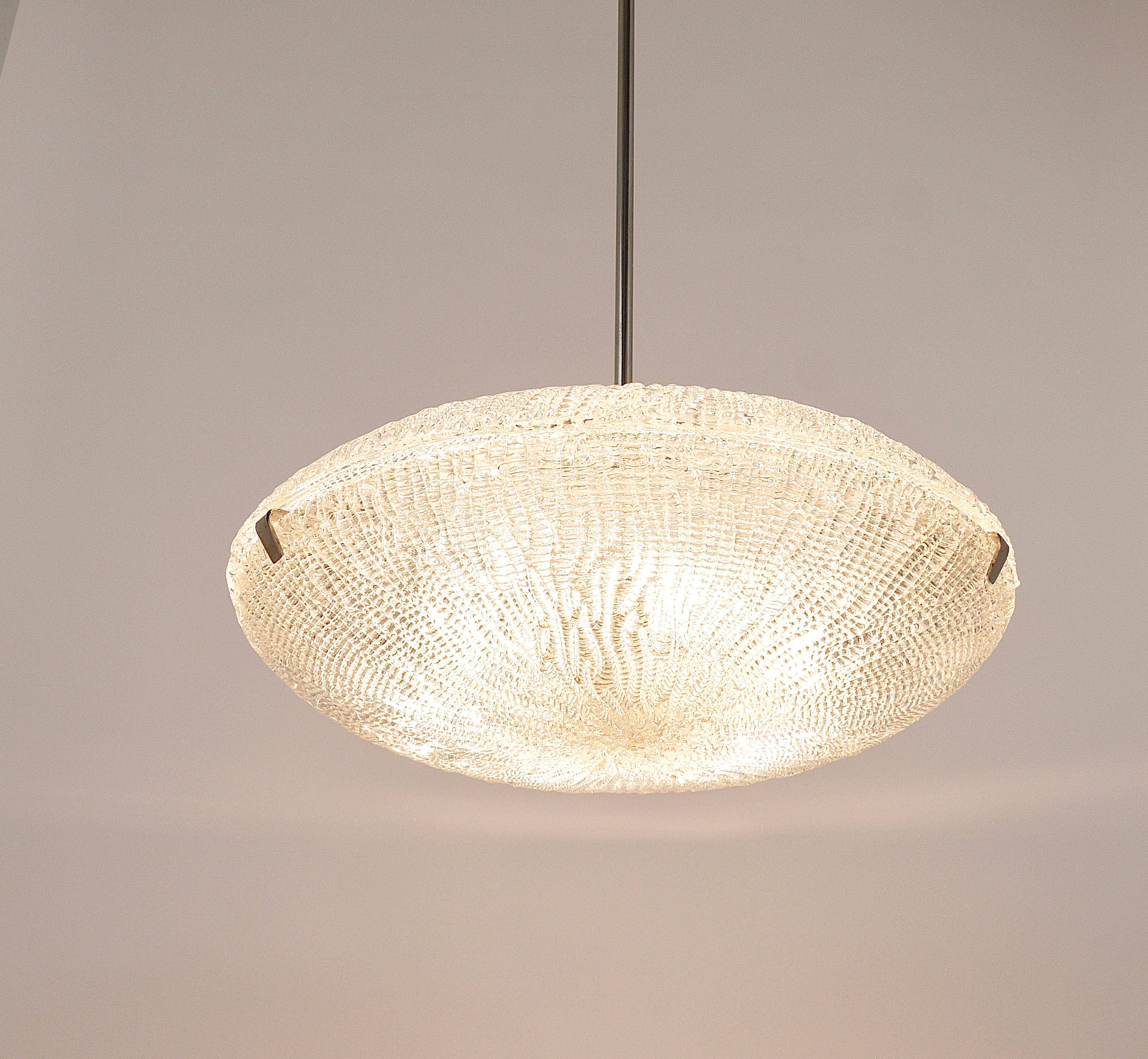 Mid-century Textured Glass and Nickel Kalmar Discus Chandelier, Austria, 1950s