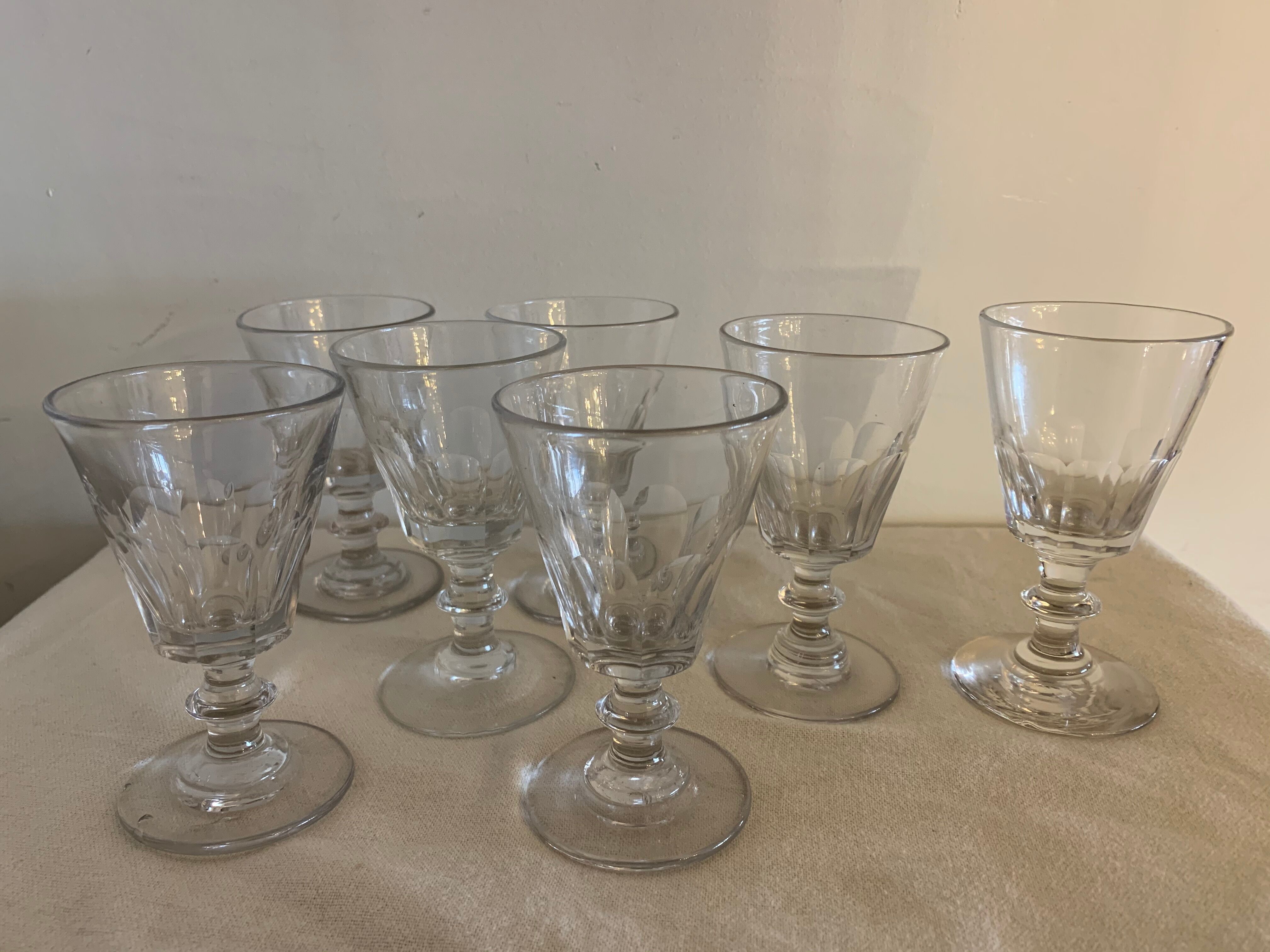 7 glasses on foot old glass bubbled and blown 19th century