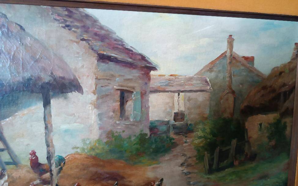 Oil painting on canvas Edmond Van Coppenolle (1846-1914) Landscape with chickens