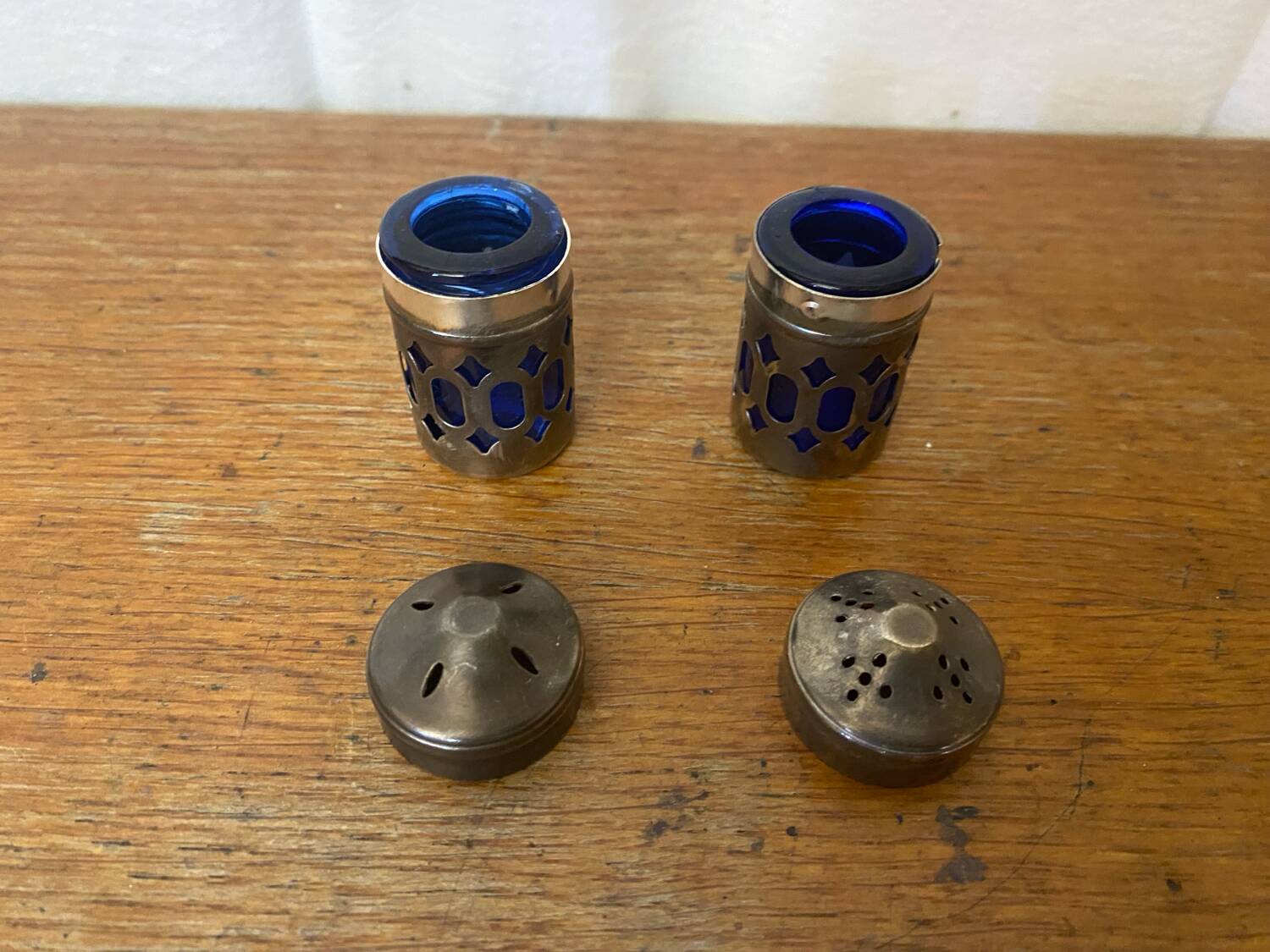 Pair of Antique Silver Metal Salt Cellars + Cobalt Blue Glass Salt and Pepper Shakers