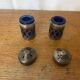 Pair of Antique Silver Metal Salt Cellars + Cobalt Blue Glass Salt and Pepper Shakers