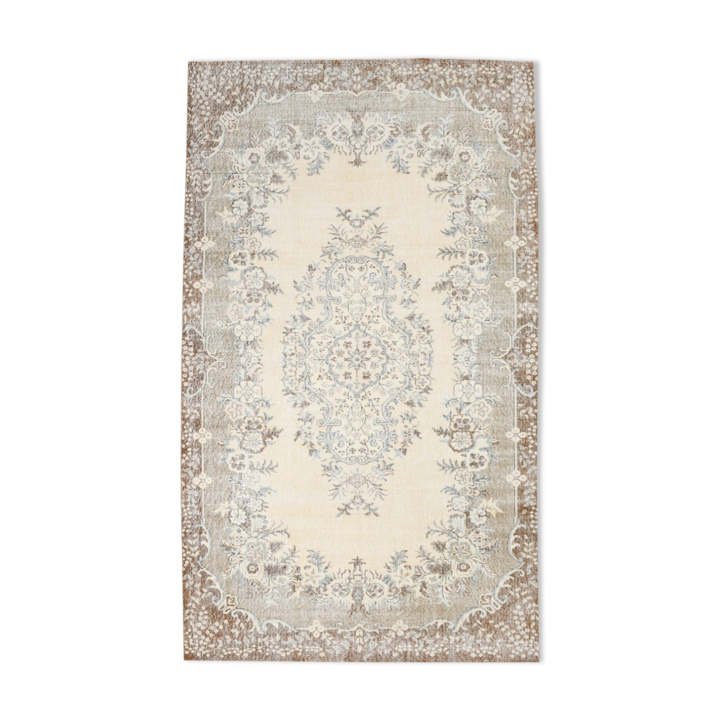 Handmade beige & brown floral  vintage rug