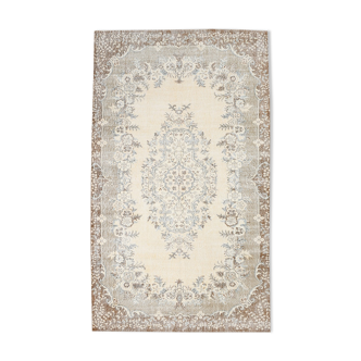 Handmade beige & brown floral  vintage rug
