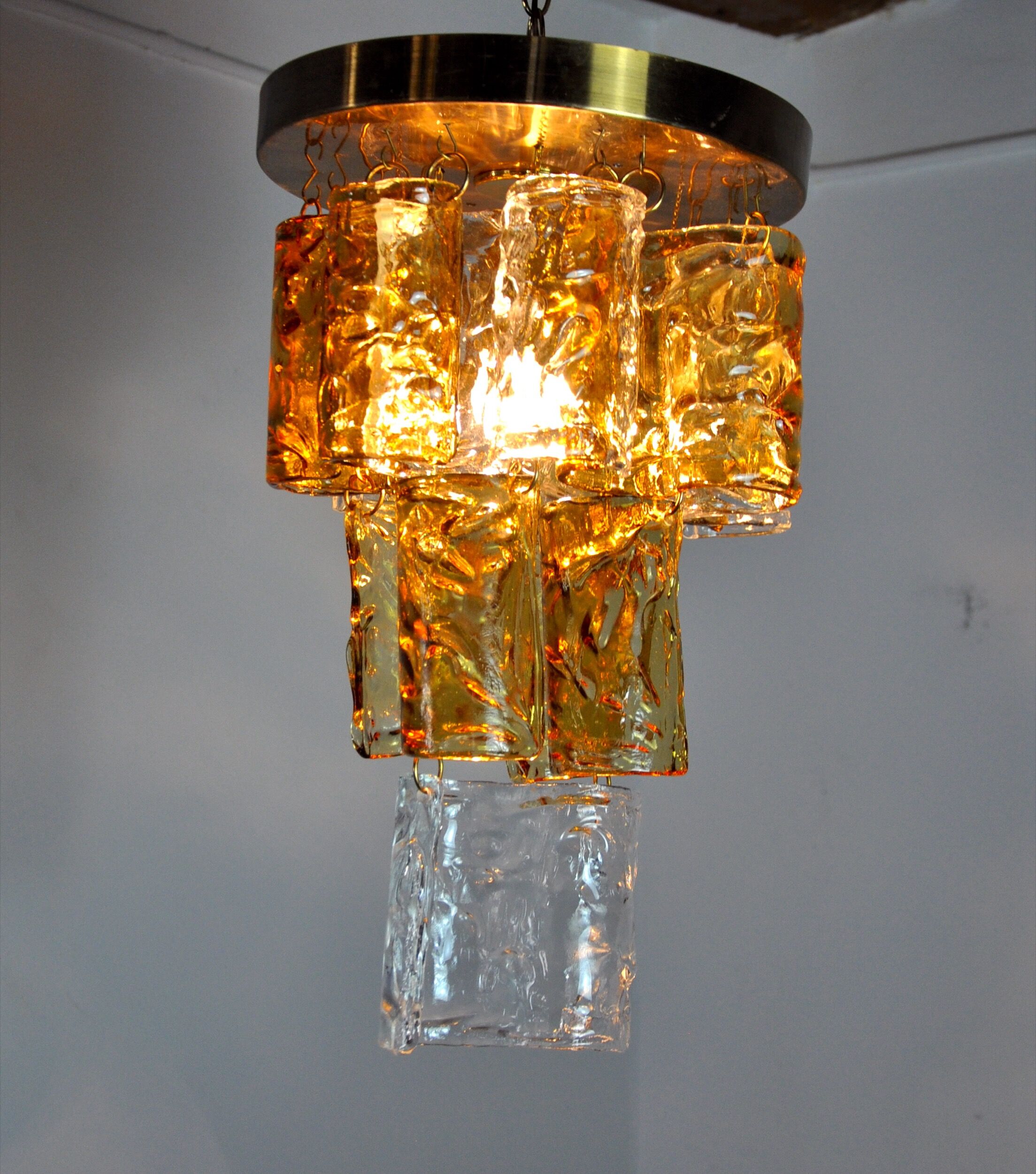 Bicolor chandeliers waterfall by zero quattro, orange and transparent murano glass, italy, 1970