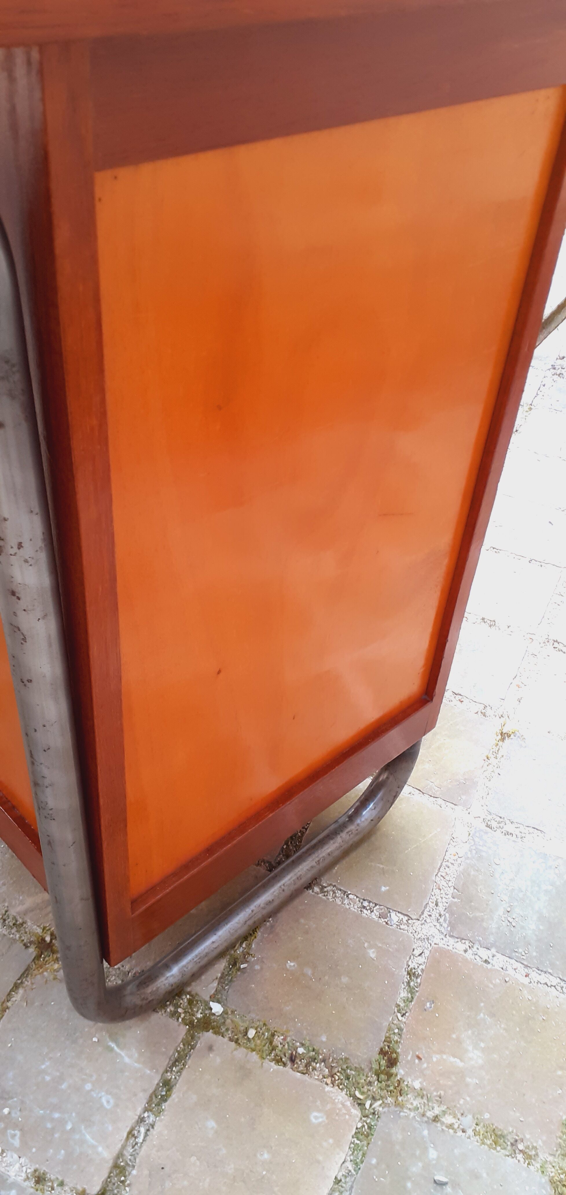 Vintage tubular desk year 50 in solid teak and light wood veneer