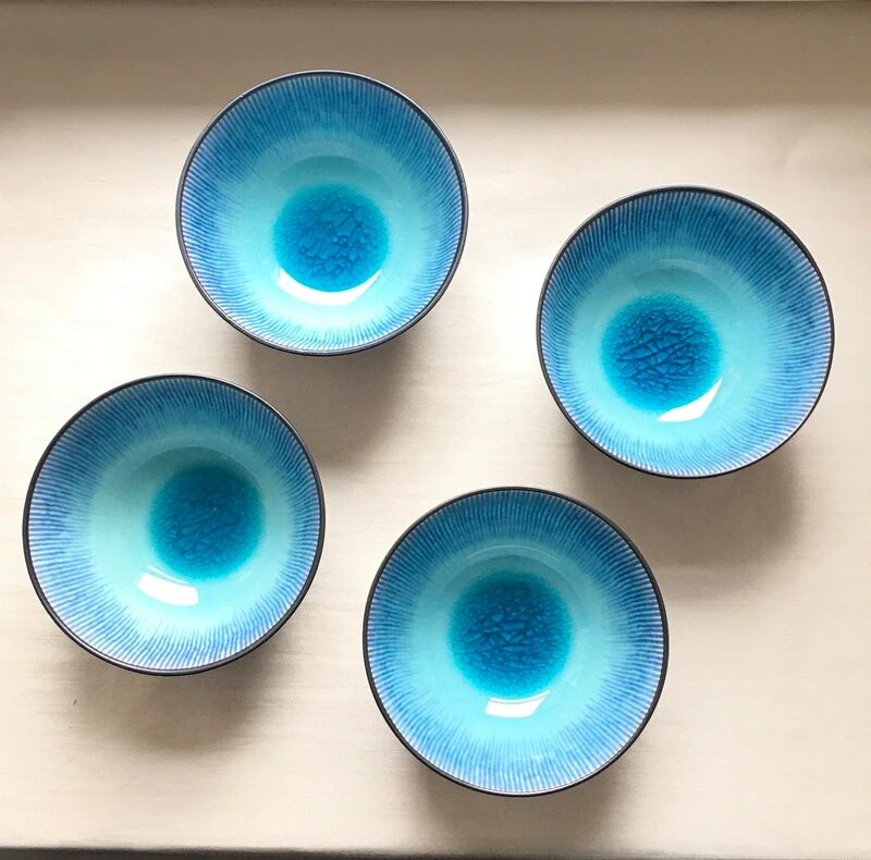 4 Bols en grès japonais émaillé turquoise Neufs