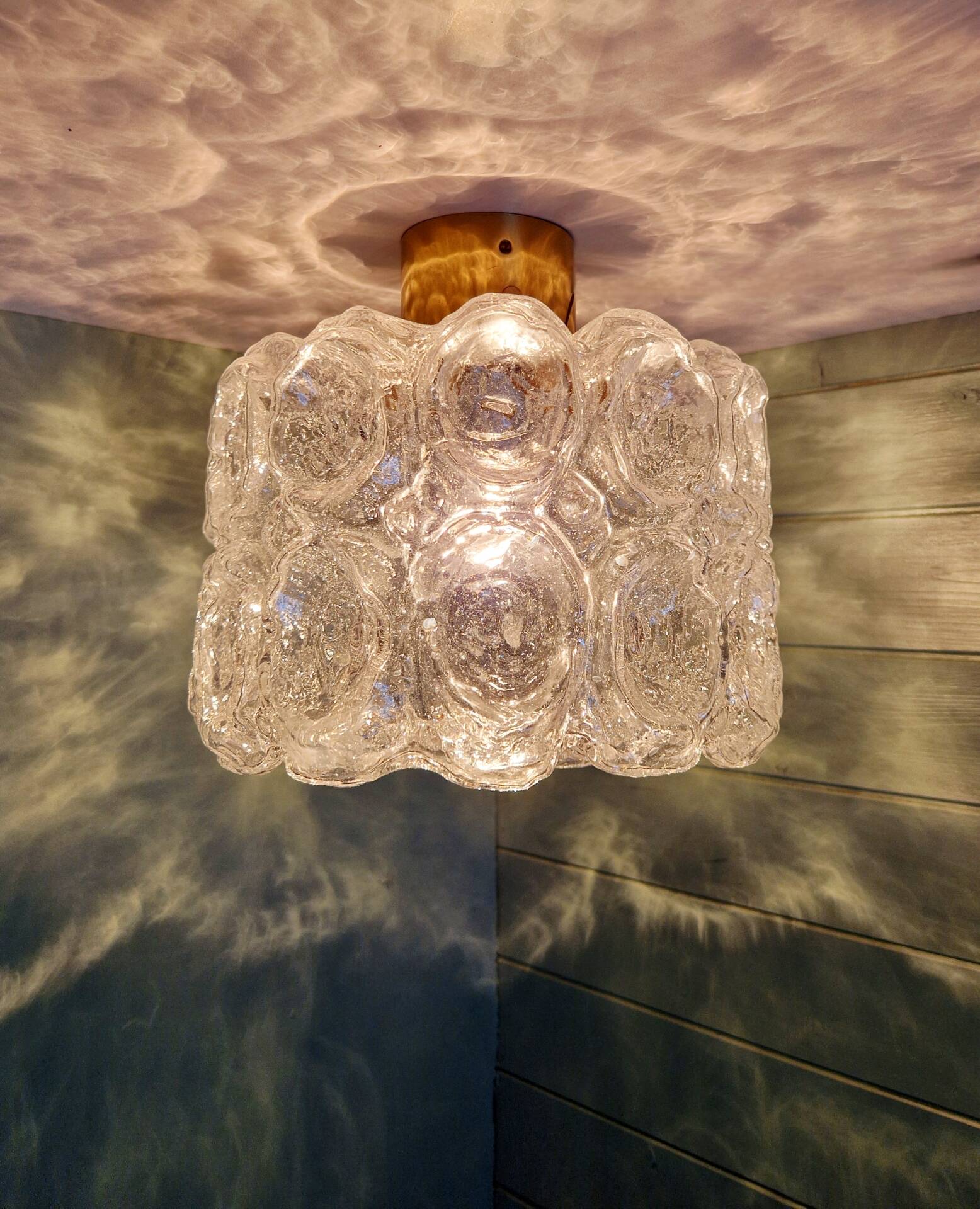 Brass and textured transparent glass ceiling light, Limburg, 1970