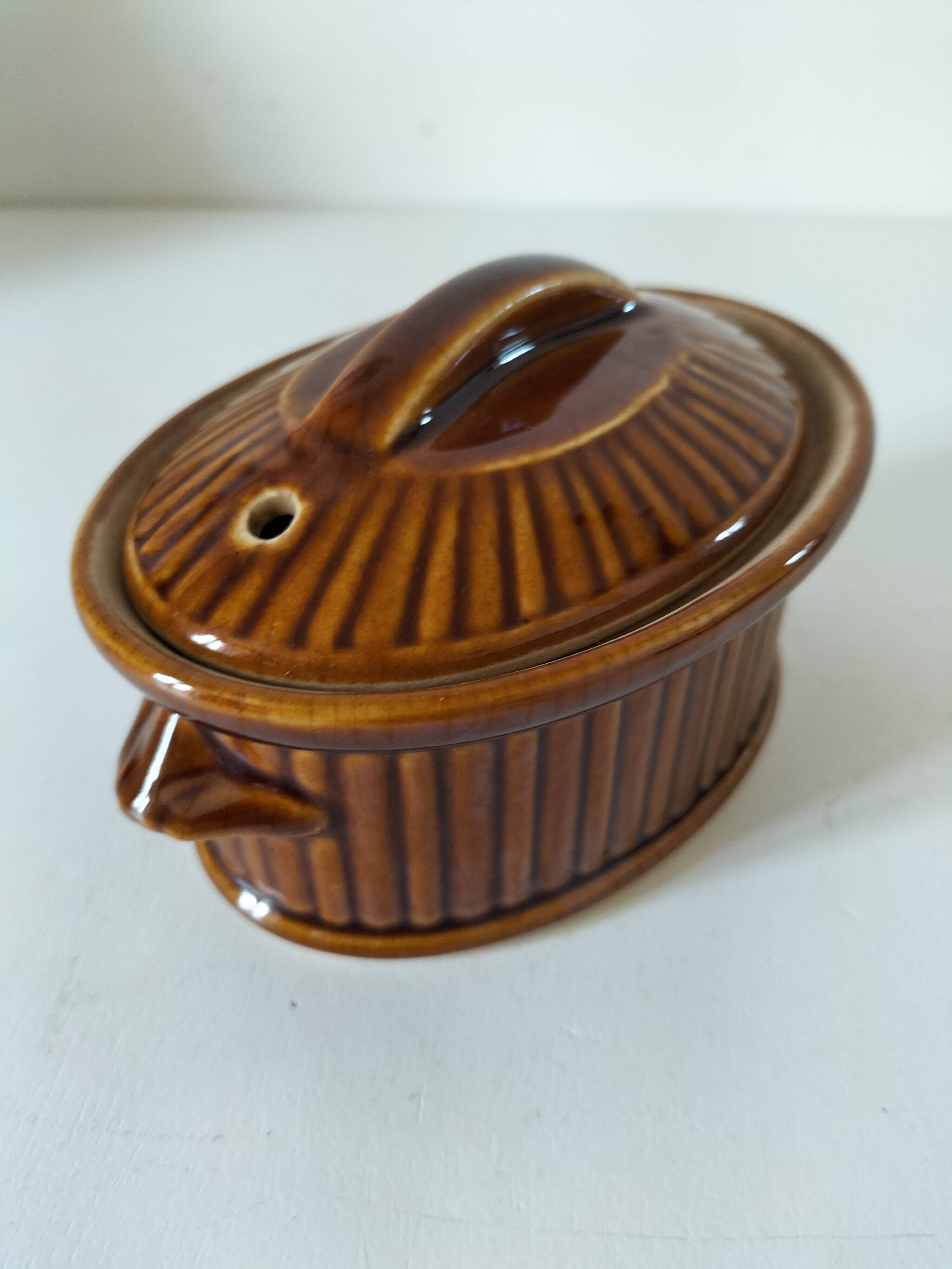Small vintage oval terrine in caramel ceramic