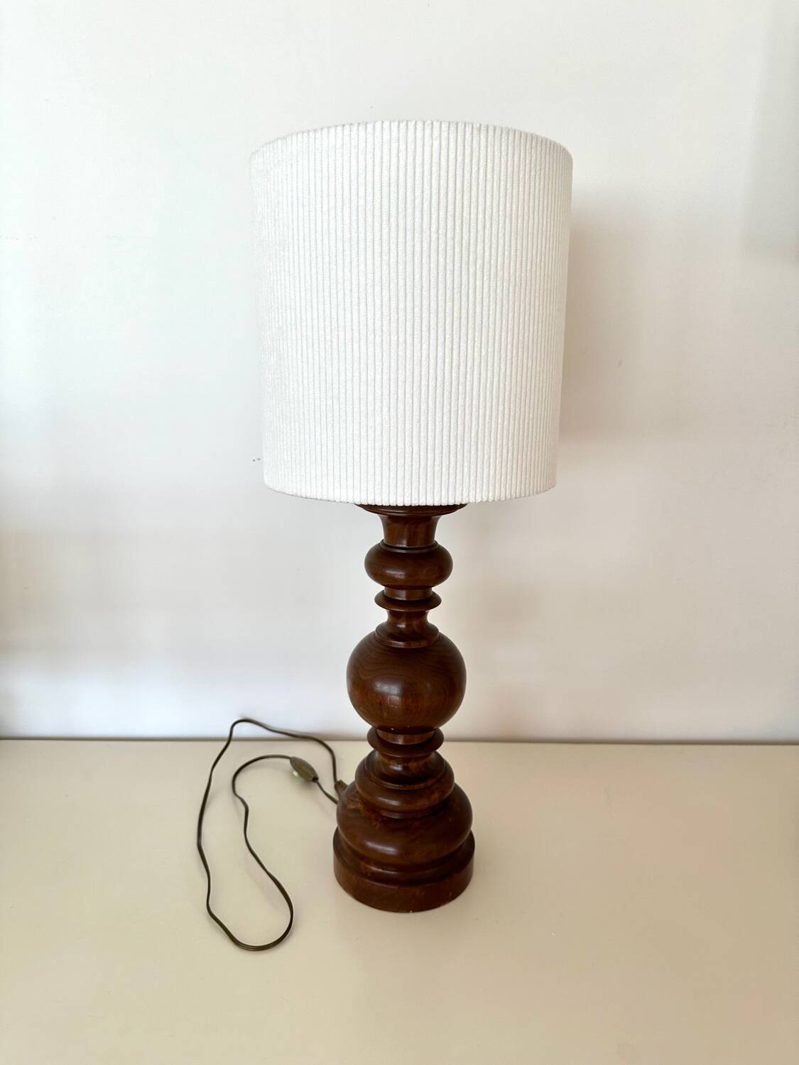 Turned wood and velvet lamp
